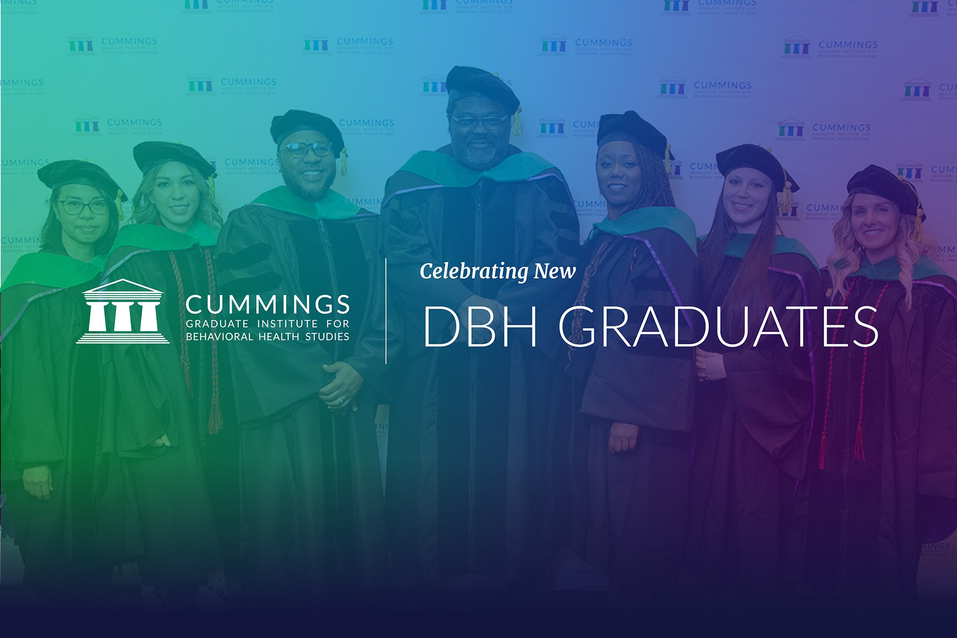 CGI logo, Celebrating New DBH Graduates overlayed on a photo of 7 graduates in regalia