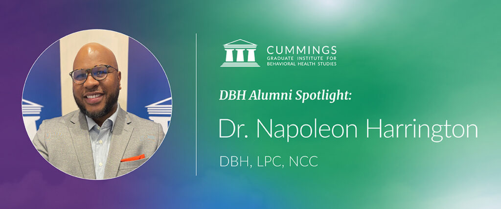 DBH Alumni Spotlight graphic featuring Dr. Napoleon Harrington, DBH, LPC, NCC, alongside the Cummings Graduate Institute logo.