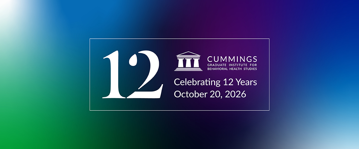 CGI Founders Day 2026 banner celebrating 12 years of Cummings Graduate Institute for Behavioral Health Studies, featuring the CGI logo, anniversary date of October 20, 2026, and a blue, purple, and green gradient background.