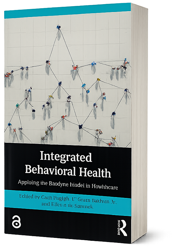 3D mock-up rendering of the paperback edition of Integrated Behavioral Health: Applying the Biodyne Model in Healthcare. The book features a turquoise and black cover design with an aerial image of people connected by lines, symbolizing integrated care and collaboration. The thick spine and visible page edges emphasize the book’s approximately 460-page length.