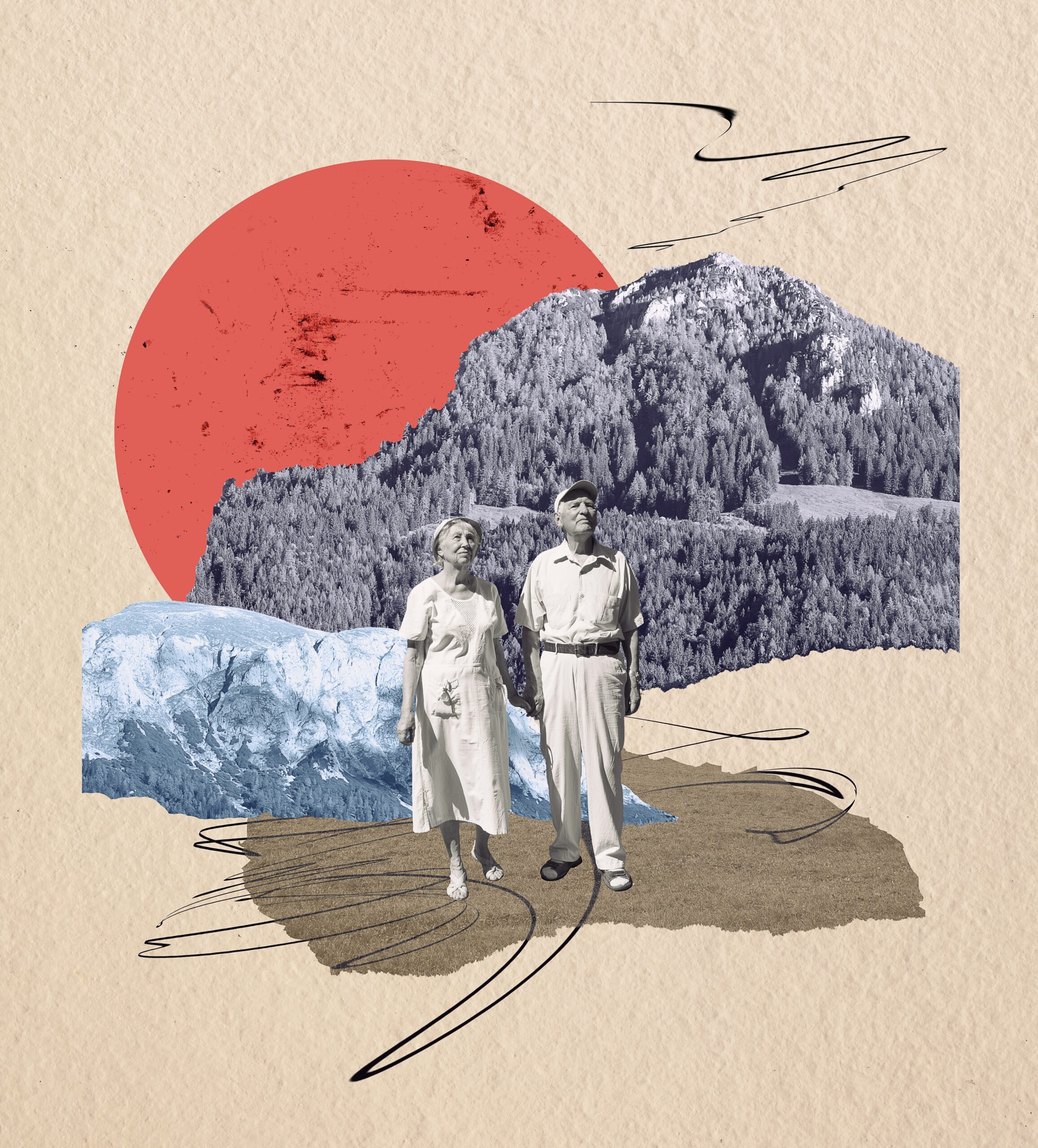 Collage-style illustration of an older couple standing together in front of a mountainous landscape with a large red sun in the background.