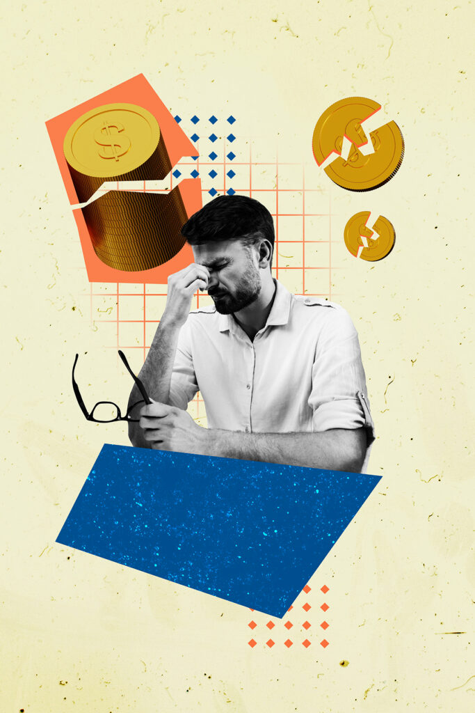 3D photo collage template trend artwork sketch of stresses young guy sit tired broken money coins hold eyewear bankrupt downwards decrease