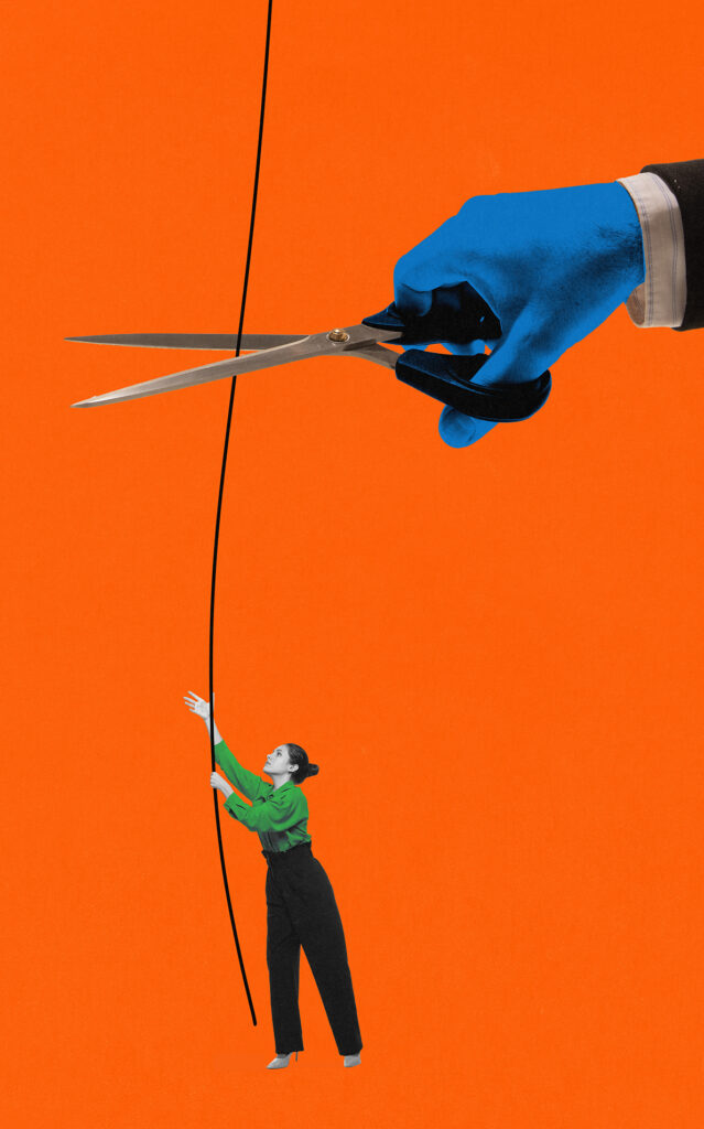 Conceptual collage. Woman climbs rope toward hope, but giant scissors in blue hand prepare to cut it, symbolizing brutal end to upward mobility. Concept of inequality, broken dreams, class injustice.