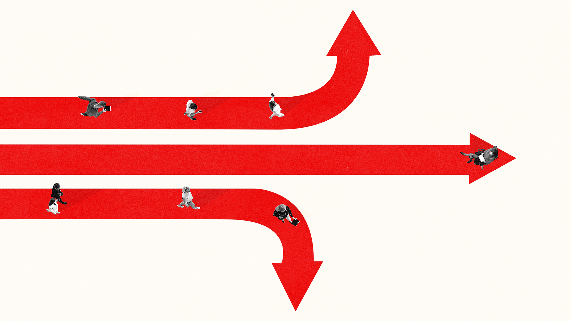 Trendy collage. People moving in different directions on red arrows representing choice, strategy and destiny. Concept of decision making, career paths, psychology, and emotion of seeking clarity.
