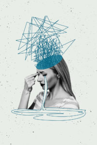 Creative photo collage artwork of woman sad, crying with half of head obscured with chaotic lines representing depression, anxiety, burnout, and mental anguish.